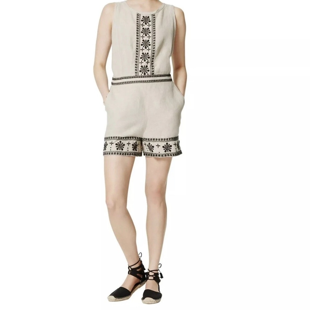 LOFT Embroidered Sleeveless Linen Romper Tan Black Floral Women 2 Petite